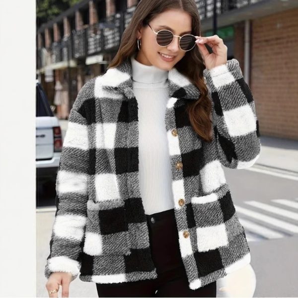 Women's Plaid Plush Long-sleeved Winter Fashion Casual Jacket - Image 8