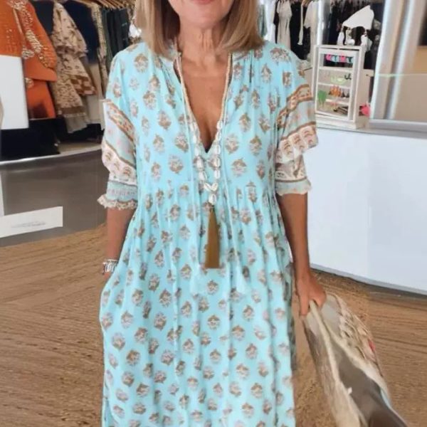Summer Bohemian Print Lantern-Sleeved Dress Fashion Loose V-Neck Ruffle Long Dress Beach Clothing For Women - Image 4