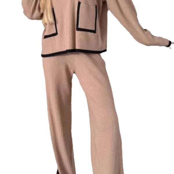 Women's Casual Suit Color Matching Pocket Top Wide Leg Pants - Image 2