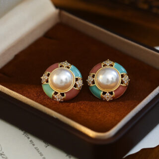 French Retro Round Enamel Drop Glazed Stud Earrings