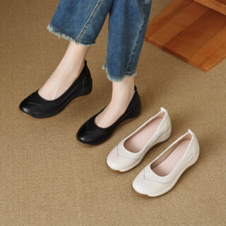 High Heel Leather Shoes Thick Bottom Lazy Platform Round Head Slip-on Pumps
